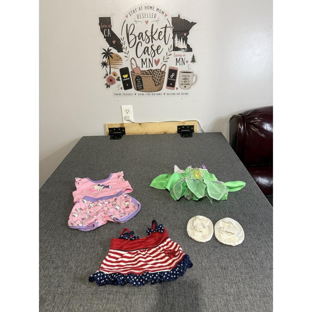Build A Bear Girly Clothes Lot 3 Outfits Hello Kitty PJs, Flag Dress, Fairy